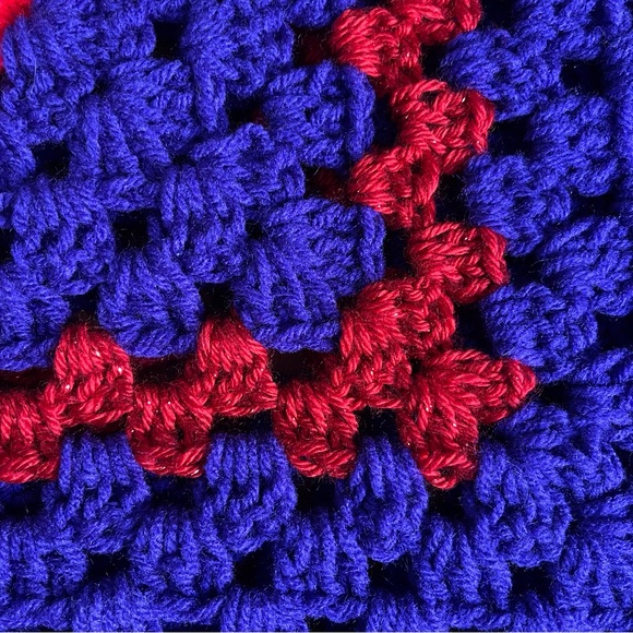 Vintage Handmade Crochet Granny Square Blanket Red Purple Metallic 47" x 47" - Picture 4 of 6